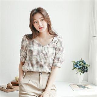 Puff-sleeve Plaid Shirt