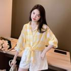 Balloon-sleeve Tie-front Gingham Blouse