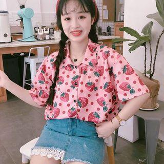 Elbow-sleeve Strawberry Print Shirt Strawberry - Pink - One Size