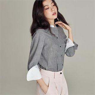 Mandarin-collar Glen-check Shirt