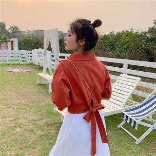 Collared Back Lace Up Elbow-sleeve Crop Blouse