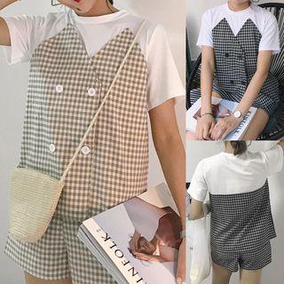 Set: Double-breasted Gingham Short-sleeve T-shirt + Shorts