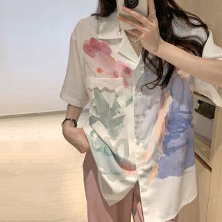 Elbow-sleeve Open-collar Print Shirt White - One Size
