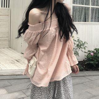Long-sleeve Off-shoulder Floral Print Top / Leopard Print Wide-leg Pants