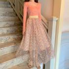 Scoop-neck T-shirt / Dotted Maxi A-line Mesh Skirt