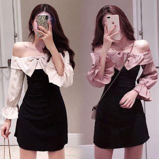 Long-sleeve Off-shoulder Bow Mini Sheath Dress
