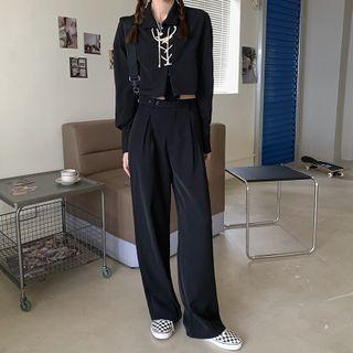 Long-sleeve Lace-up Crop Shirt / Straight Leg Dress Pants