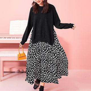 Mock Two-piece Leaf Print Long-sleeve Dress