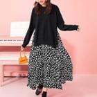 Mock Two-piece Leaf Print Long-sleeve Dress
