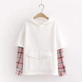 Mock Two-piece Plaid Paneled Hoodie