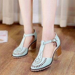 Perforated Chunky Heel T-bar Sandals