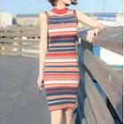 Sleeveless Striped Mini Sheath Knit Dress Blue & Red & White - One Size