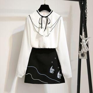 Set: Ruffled Chiffon Blouse + Fish Embroidered Mini A-line Skirt