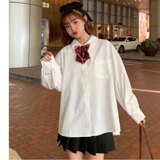 Striped Bow Balloon-sleeve Shirt