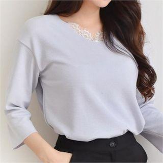 Laced-neckline 3/4-sleeve Top