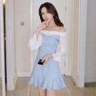 Off-shoulder Flared-cuff Ruffle Hem A-line Dress