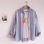 Color-block Striped Single-breasted Long-sleeve Light Blouse Multi - One Size