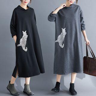 Cat Embroidered Long-sleeve Midi A-line Dress