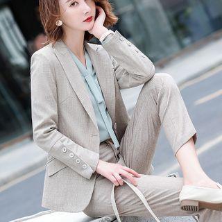 Set: Plain Blazer + Straight-cut Pants + Blouse
