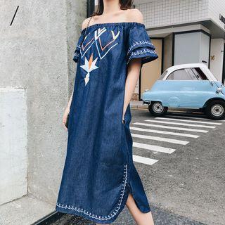 Short-sleeve Off Shoulder Embroidered Dress