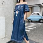 Short-sleeve Off Shoulder Embroidered Dress