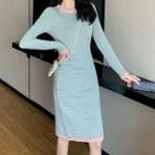 Contrast Trim Long-sleeve Patterned Knit Midi Bodycon Dress As Shown In Figure - One Size