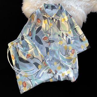Set: Elbow-sleeve Floral Hawaiian Shirt + Shorts