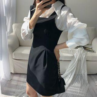 Square-neck Pintuck-detail Mini Jumper Dress