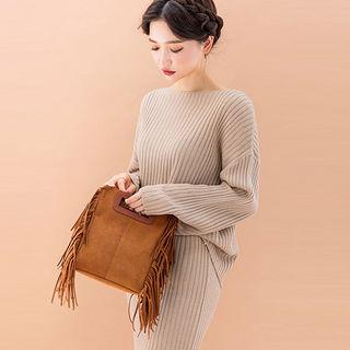Set: Drop-shoulder Rib-knit Top + Long Skirt