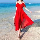 Off-shoulder Ruffle Trim Slit Chiffon Midi A-line Dress