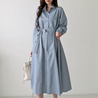 Checked A-line Midi Shirtdress With Sash