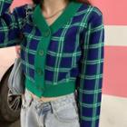 Plaid Cropped Cardigan Green - One Size