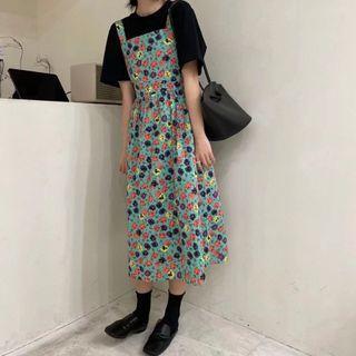 Short-sleeve Top / Floral Strappy Midi A-line Dress