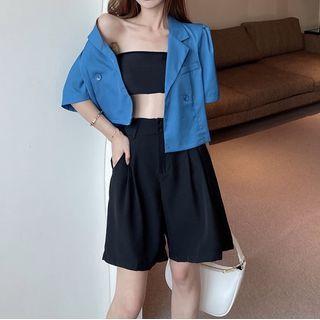 Short-sleeve Cropped Blouse / Tube Top / Shorts / Ruffle Hem Mini Skirt / Set