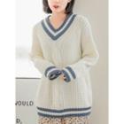 V-neck Contrast-trim Cable-knit Sweater
