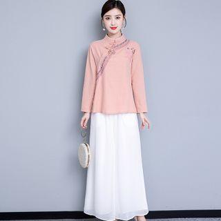 Long-sleeve Floral Embroidered Cheongsam Top / Wide Leg Pants