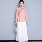 Long-sleeve Floral Embroidered Cheongsam Top / Wide Leg Pants