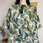 Leaf Print Elbow-sleeve Shirt Green - One Size