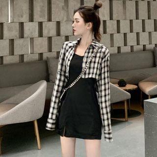Long-sleeve Plaid Crop Shirt / Spaghetti Strap Mini Dress