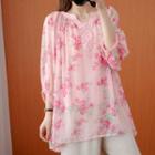 Balloon-sleeve Floral Print Blouse Pink - One Size