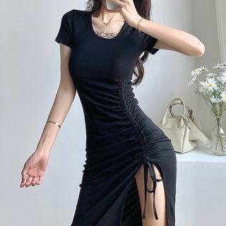 Drawstring Slit Midi Bodycon Dress