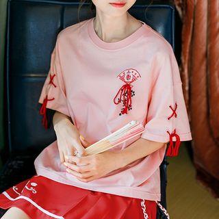 Lace-up Detail Embroidered Short-sleeve Top
