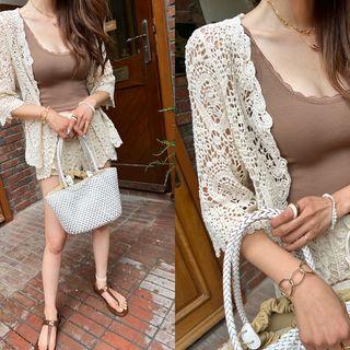 Crochet-lace Cardigan & Shorts Set Light Beige - One Size