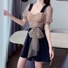 Short-sleeve Dot Mesh Panel Mini Dress