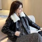 Fluffy Collar Faux Leather Zip-up Jacket