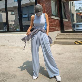 Set: Slim-fit Crop Tank Top + Wide-leg Pants