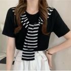 Short-sleeve Striped Shawl Collar T-shirt