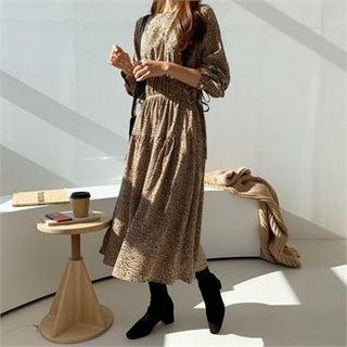 Drawstring-waist Leopard Midi Dress Beige - One Size