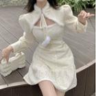Long-sleeve Fluffy Trim Lace Mini A-line Qipao Dress