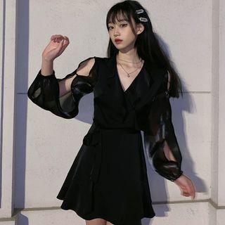 Ruffle Trim Mesh Panel Mini A-line Dress
